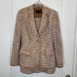 Rena Lange Tweed Skirt Suit Fringe Sequin Wool Cotton Beige Black White 10